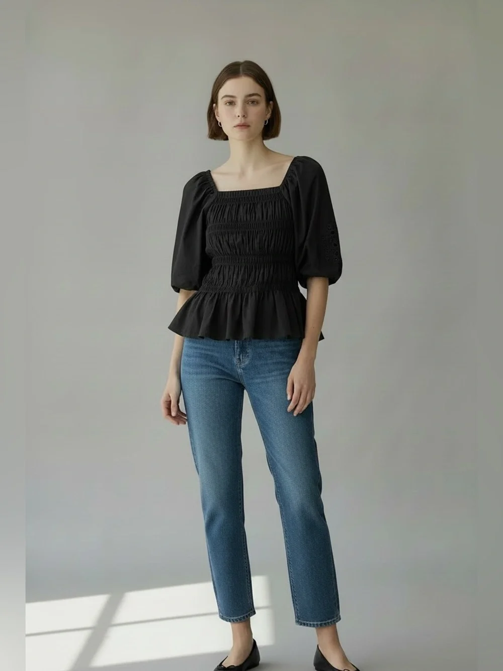 Marc New York Black Puff Sleeve Smocked Peplum Top, Size Large